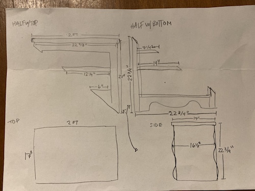 A sketch with dimensions of the parts of the table.