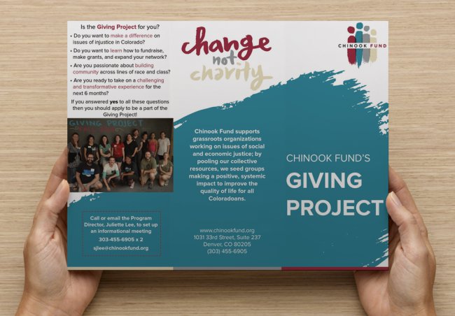 A design for the outside of a trifold on the Giving Project.